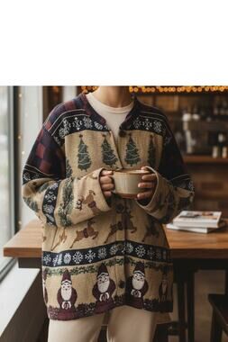 Sugar Street Weavers Vintage USA Red Green Santa Reindeer Tapestry Jacket L